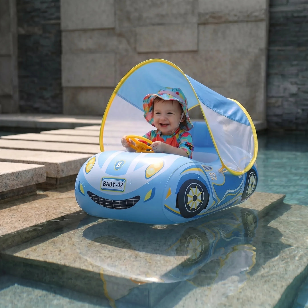 Toddler car pool float with UPF sun canopy for baby swim, ensuring safe sun protection & summer water fun.