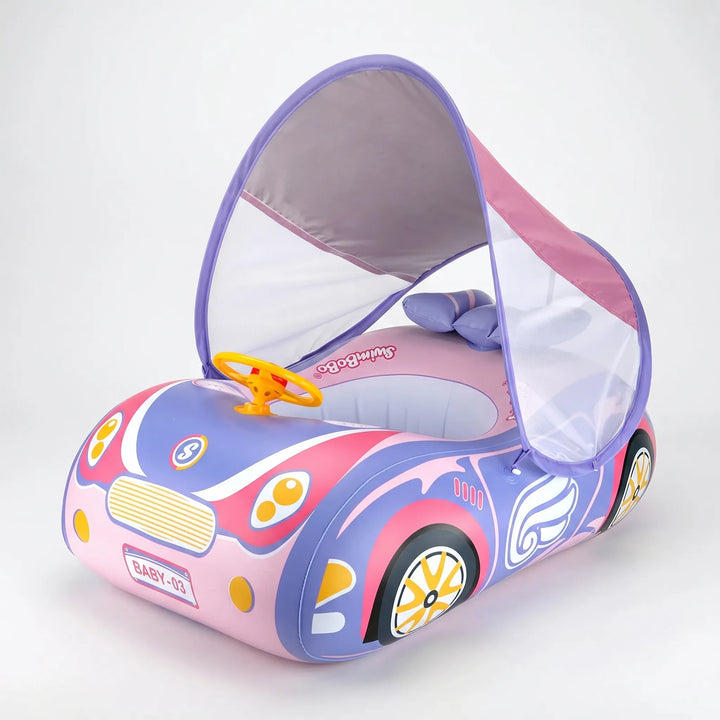 Durable toddler car pool float with integrated sun shade canopy, a safe inflatable swim aid for kids' summer fun.