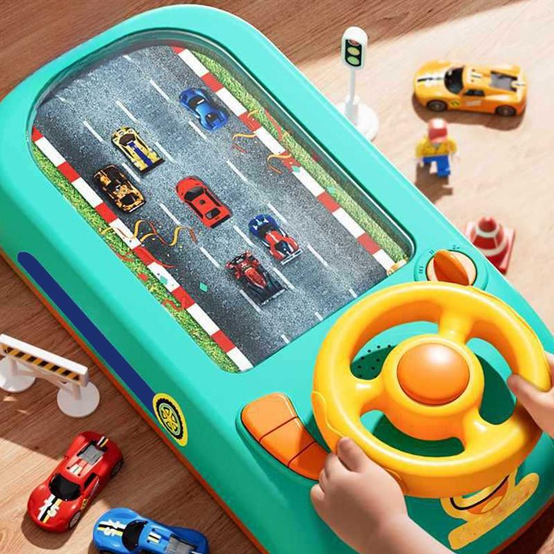 Kids' interactive racing steering wheel game. Electronic toddler toy for educational adventure play with sounds & lights.