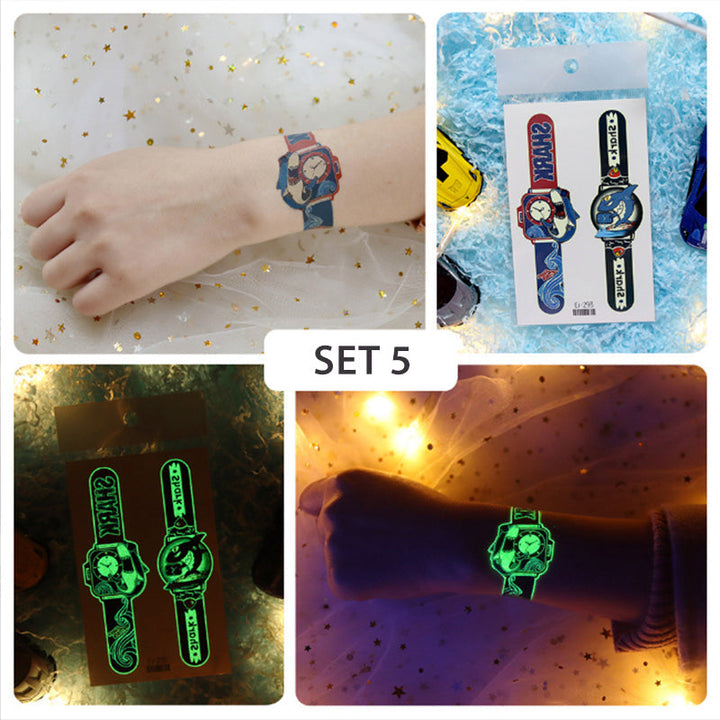 Various cartoon watch temporary tattoos, including racing themes, on a white background for kids.