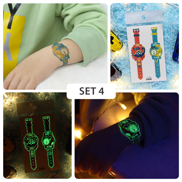 A hand holding a sheet of kids luminous temporary tattoos, showcasing glow-in-the-dark feature.