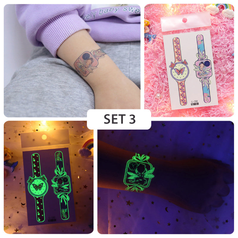Close-up of the application process for a kids luminous cartoon watch temporary tattoo, easy to use.