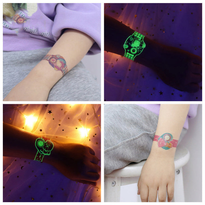 Assortment of luminous temporary tattoos featuring cartoon watches and racing elements for children.