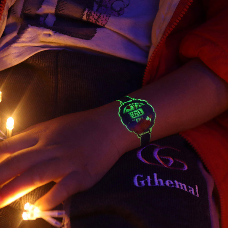 Packaging displaying 'Kids Luminous Cartoon Watch Temporary Tattoos' with vibrant racing designs.