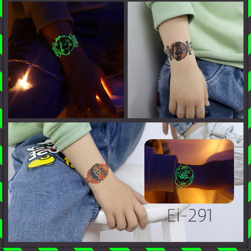 Children excitedly applying luminous cartoon watch temporary tattoos, ideal for gifts.