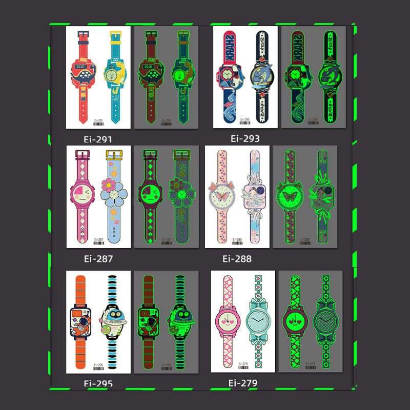 Detailed view of a glowing cartoon watch temporary tattoo design, safe for kids' skin.