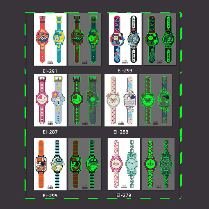 Detailed view of a glowing cartoon watch temporary tattoo design, safe for kids' skin.