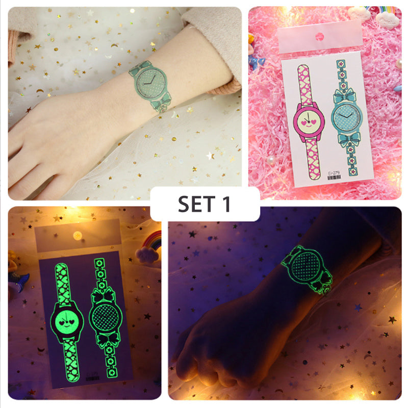 Child showing off their luminous cartoon watch temporary tattoo in a dim environment, glowing.