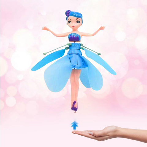 Detailed magical fairy princess flying doll toy, featuring a beautiful design and glowing LED skirt for kids.