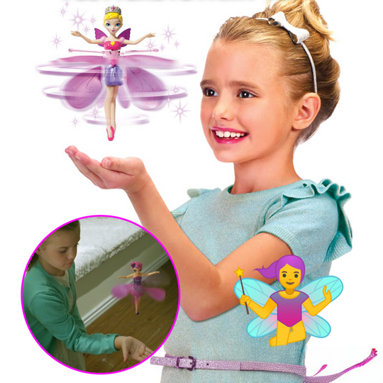 Child playing with the LED lit flying princess doll toy, demonstrating interactive hand-controlled fun for girls.