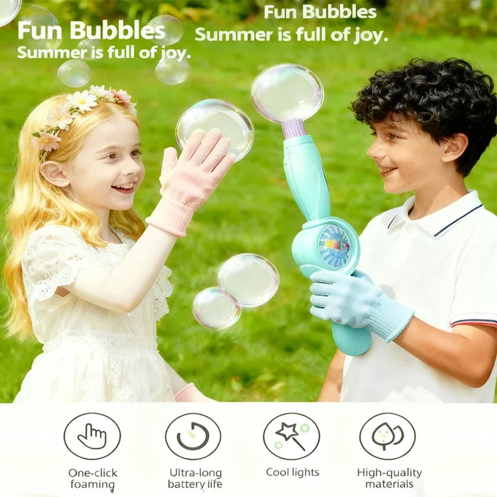 Girl smiling, using the Kids' LED Bubble Fog Blaster. Fills the air with countless bubbles & a safe fog effect. Interactive.