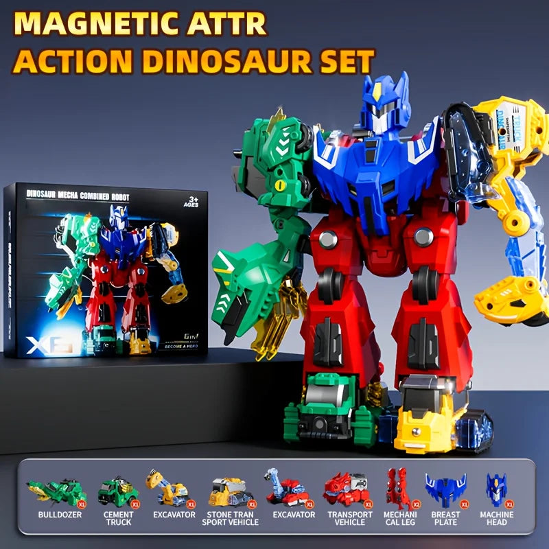 Transforming Rexvator kids' toy showing both robot dinosaur and excavator vehicle modes, highlighting magnetic build.