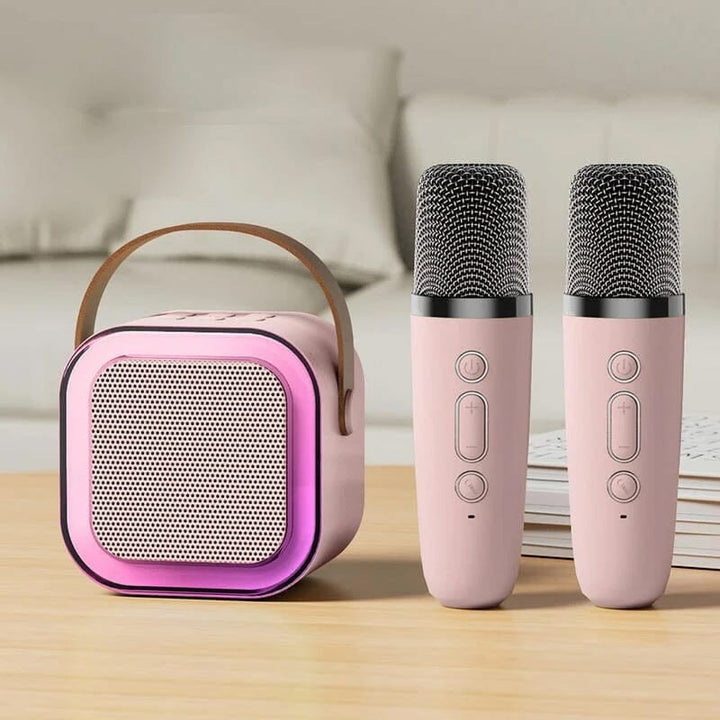 Kids' Bluetooth karaoke speaker with two wireless microphones for duet singing.