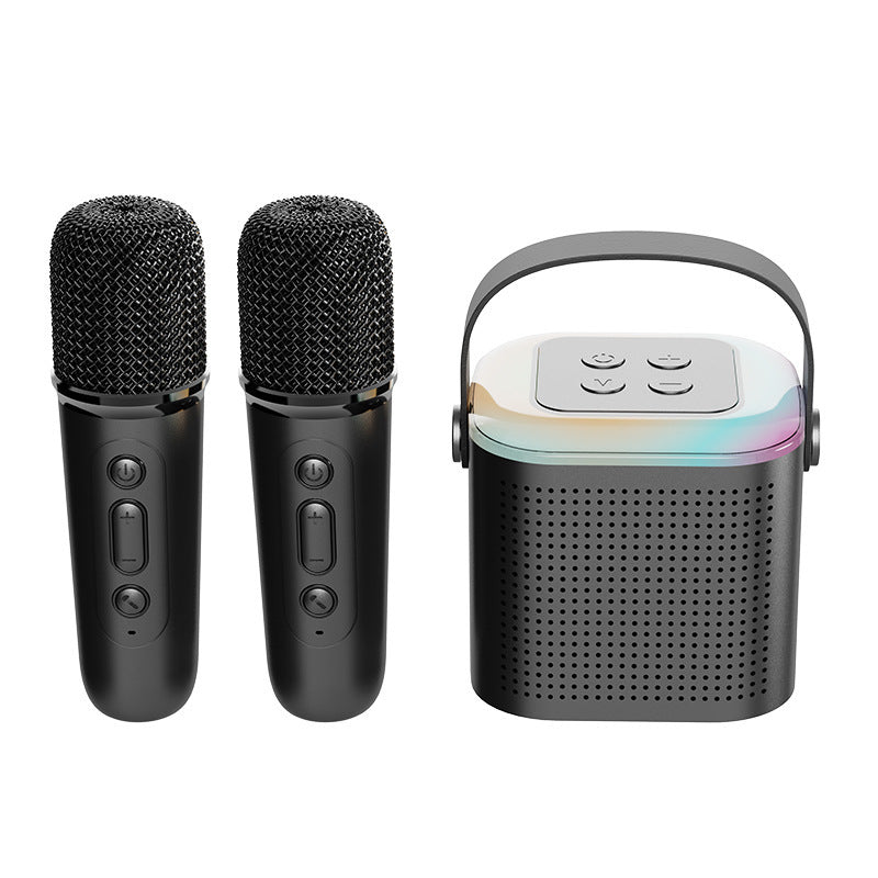 Kids' travel-friendly karaoke device with wireless microphones for long journeys.