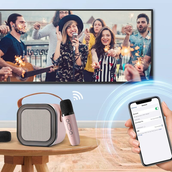 Toy karaoke machine for kids, featuring easy-to-use controls & wireless microphone integration.