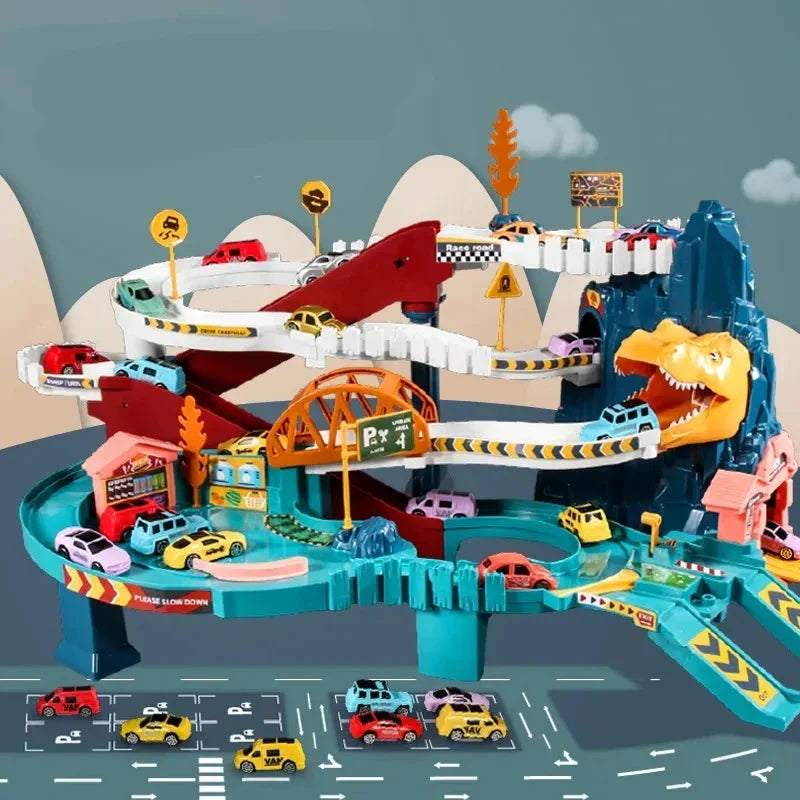 Kids' multi-level spiral race track with vibrant dinosaur theme, perfect for imaginative play & die-cast cars.