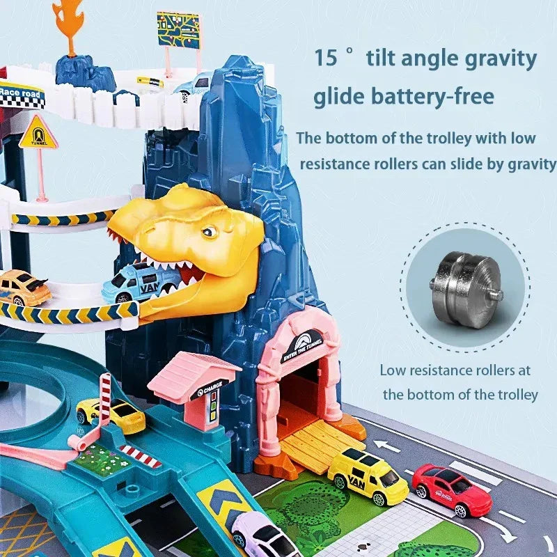 Dinosaur-themed multi-level toy race track for kids. Exciting spiral design for hours of imaginative play.