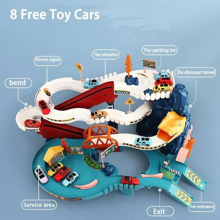 Trackterra kids' dinosaur race track play set with multi-level spiral design for die-cast car adventures.