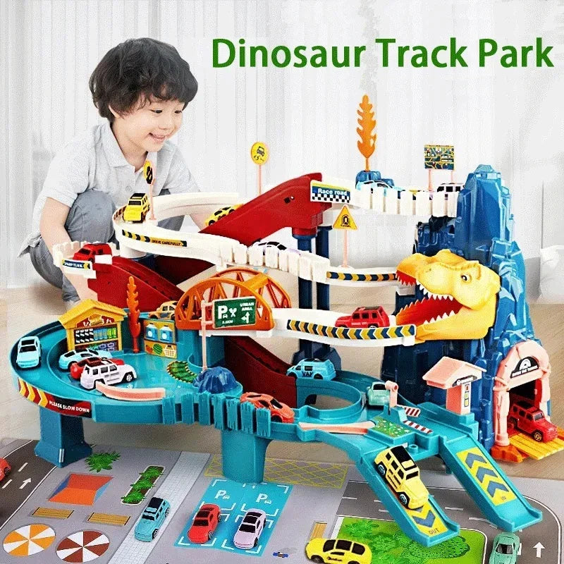 Children's multi-level spiral race track featuring roaring dinosaurs & exciting paths for toy cars.