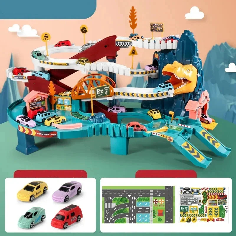 Dynamic Trackterra dinosaur race track for kids, a multi-level spiral play set for engaging toy car fun.