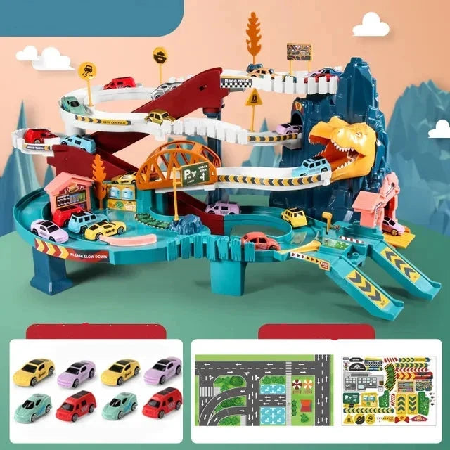 Educational dinosaur toy race track with multi-level spiral design, promoting imaginative play in kids.