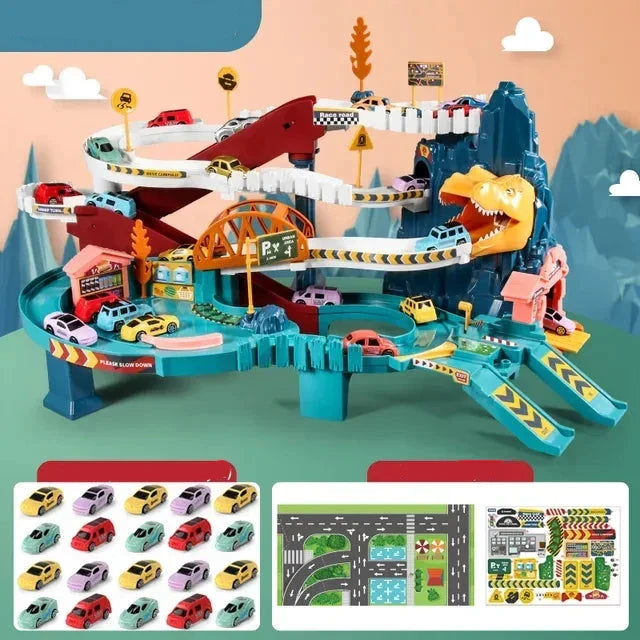 Exciting Trackterra multi-level spiral race track play set, dinosaur-themed for ultimate kids' car adventures.