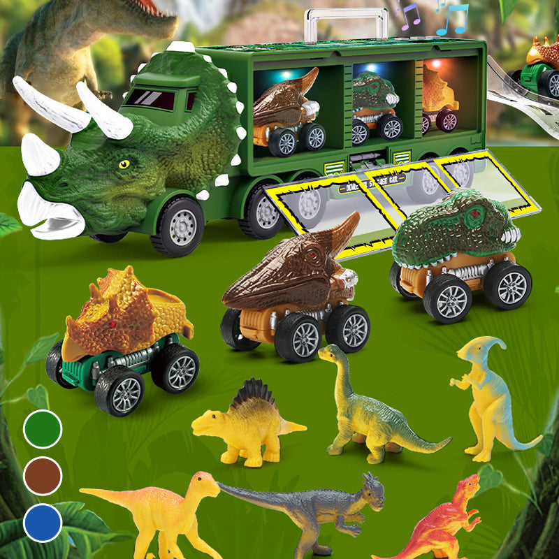 Kids' musical dinosaur carrier truck toy with multiple dino figures, interactive play
