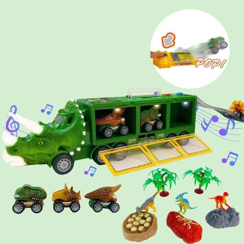 Complete kids' dinosaur playset: carrier truck with various dino figures and musical sounds