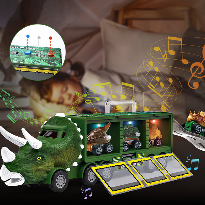 Musical dinosaur carrier truck playset, open to show toy dinosaurs inside the vehicle