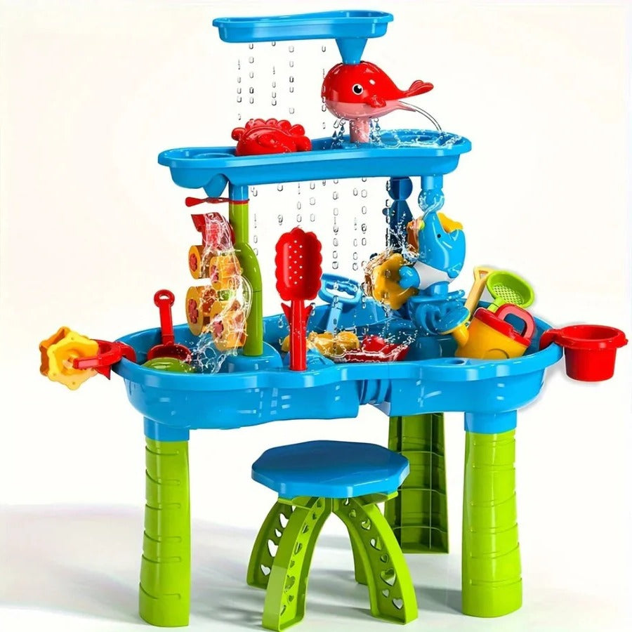 Kids' outdoor sand & water play table with accessories, perfect for sensory backyard fun & summer activities.