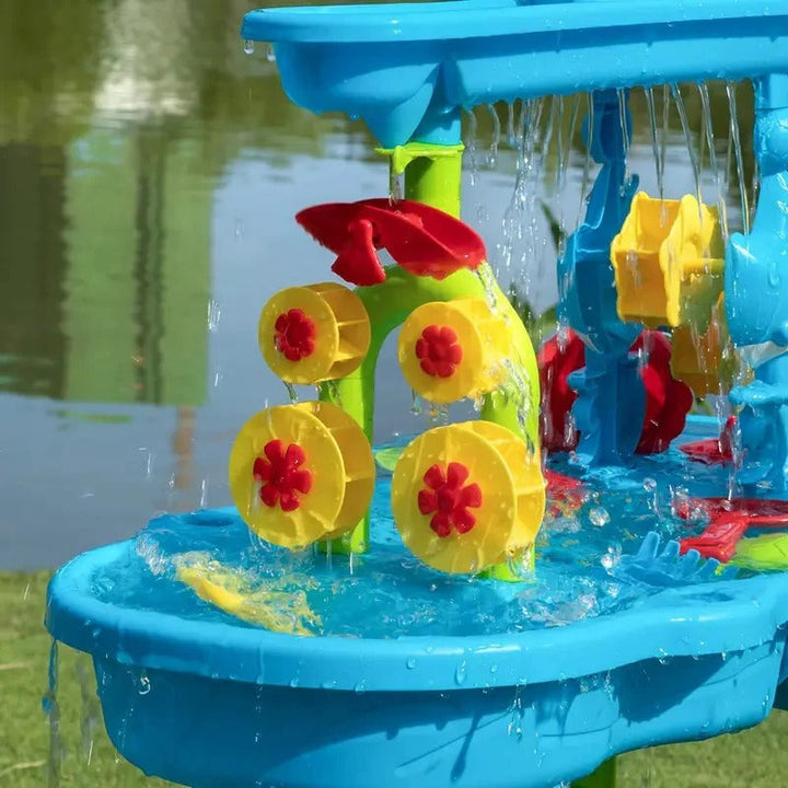 Durable kids' outdoor sand & water play table, multi-functional for backyard sensory activities & summer fun.