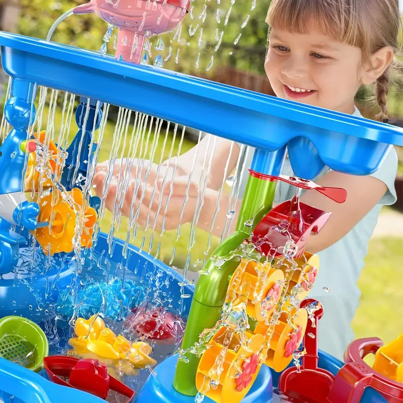 Easy-assembly kids' outdoor sand & water play table, ideal for educational sensory play & summer backyard fun.