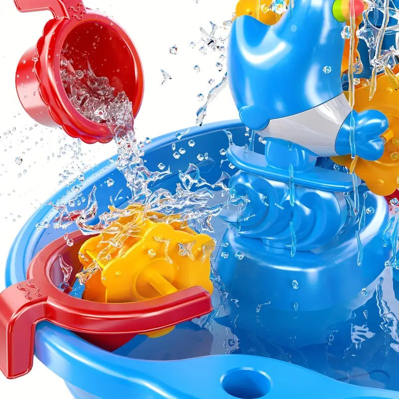Vibrant outdoor sand & water play table with multiple compartments for engaging kids' sensory & summer activities.