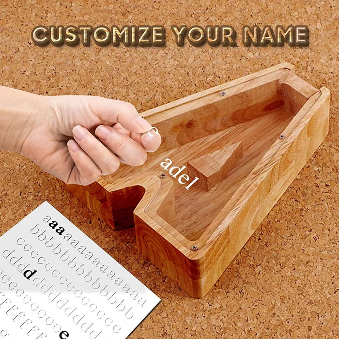 Kids' Personalized Wooden Alphabet Piggy Bank with A-Z letters, classic wood finish, for savings and decor
