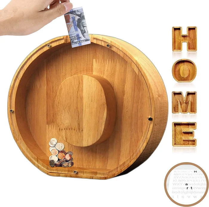 Kids' educational toy: Wooden Alphabet Piggy Bank, teaching letters and the value of saving money