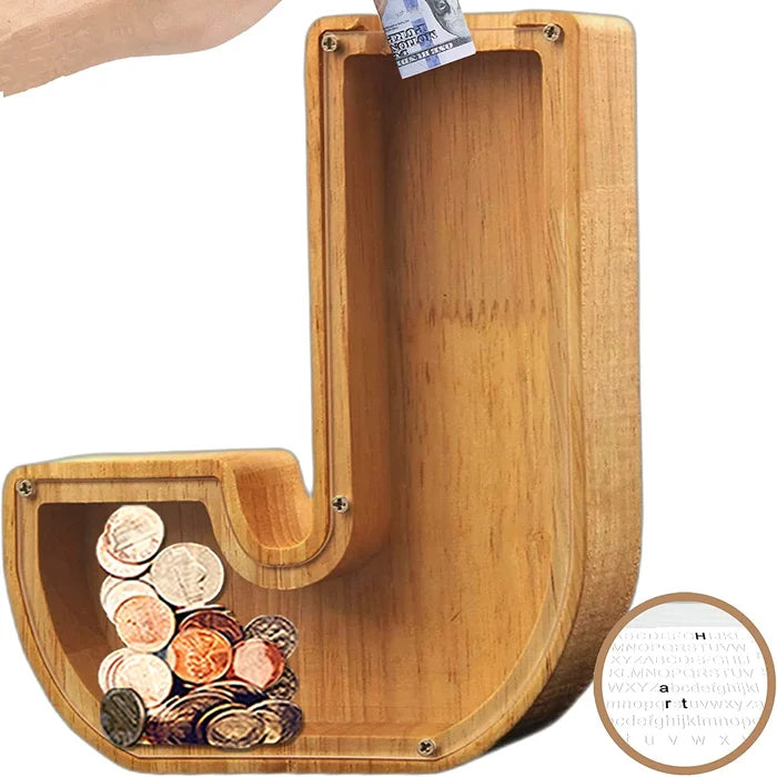 Personalized Wooden Alphabet Piggy Bank, 'E' initial, with a stack of coins next to it