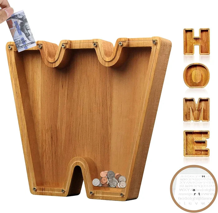 Young hands placing a coin into a 'C' initial Personalized Wooden Alphabet Piggy Bank