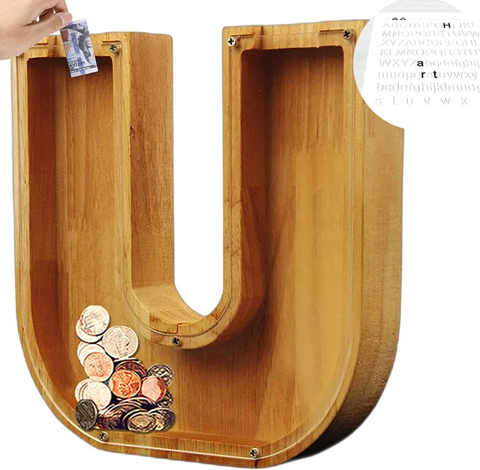 Close-up of the smooth, polished surface of the Personalized Wooden Alphabet Piggy Bank