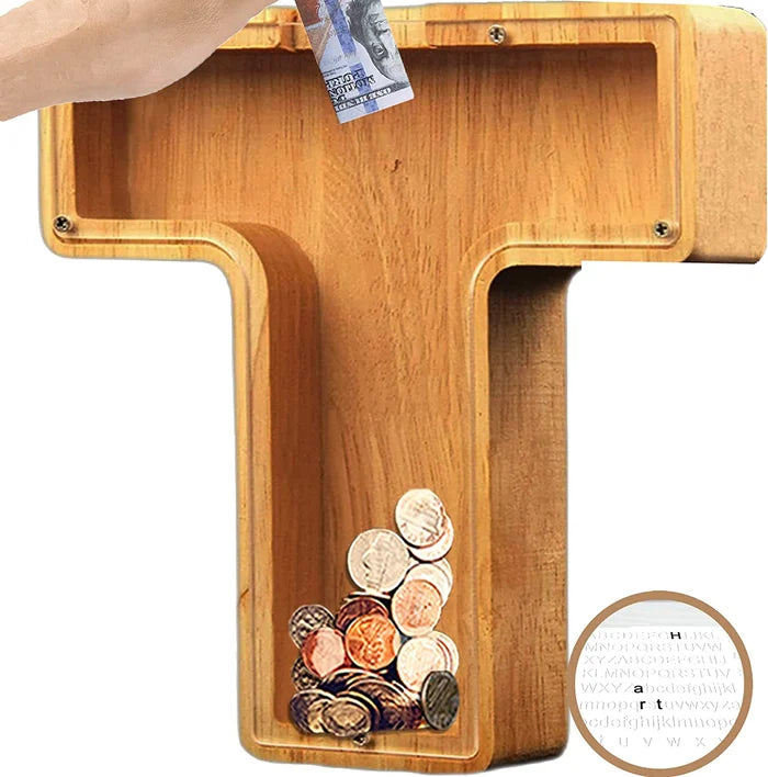 Wooden Alphabet Piggy Bank with 'L' initial, designed for easy coin insertion and removal