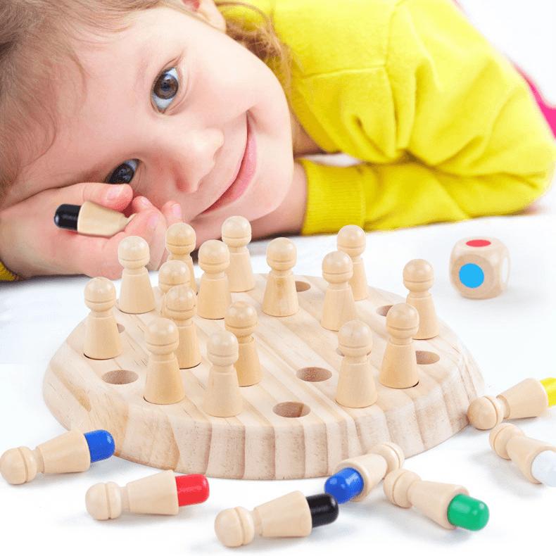Kids playing Wooden Memory Chess Game, educational brain training toy for cognitive development