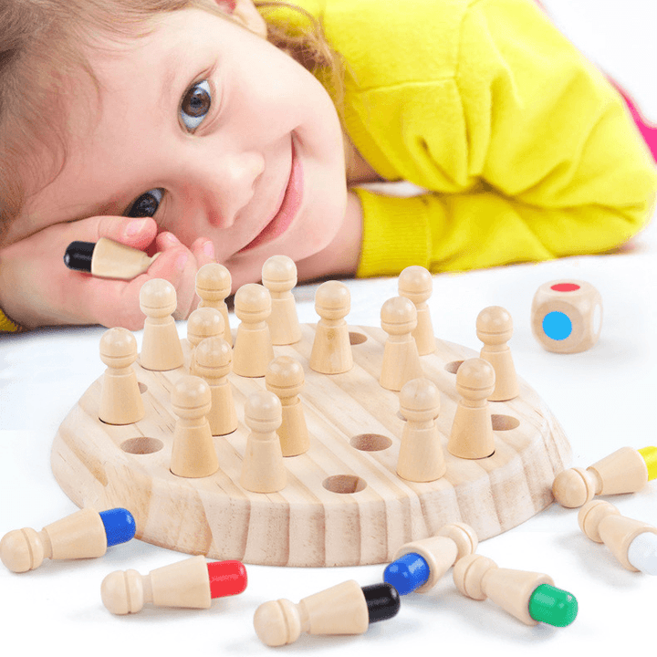 Kids playing Wooden Memory Chess Game, educational brain training toy for cognitive development