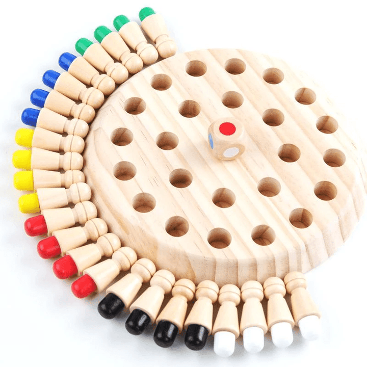Close-up of colorful wooden pieces from a Kids Memory Chess Game, a fun educational puzzle toy