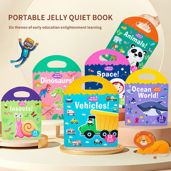 Kids' travel toy: a quiet book and jelly stickers spread out on a car seat during a long trip