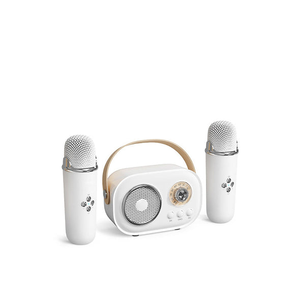 Stylish pink karaoke machine for children, paired with a matching wireless mic, great for gifts.