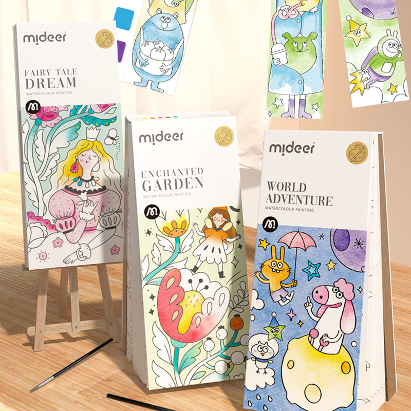 Kids' portable watercolor painting book set open, showing vibrant colors and brush