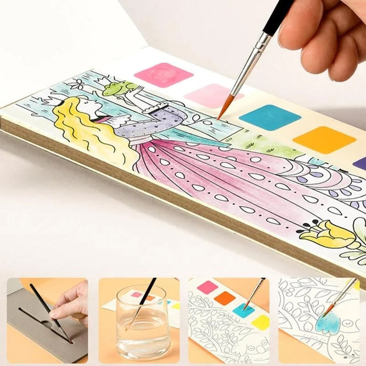 Close-up of a child's hand using the mini watercolor book with water brush