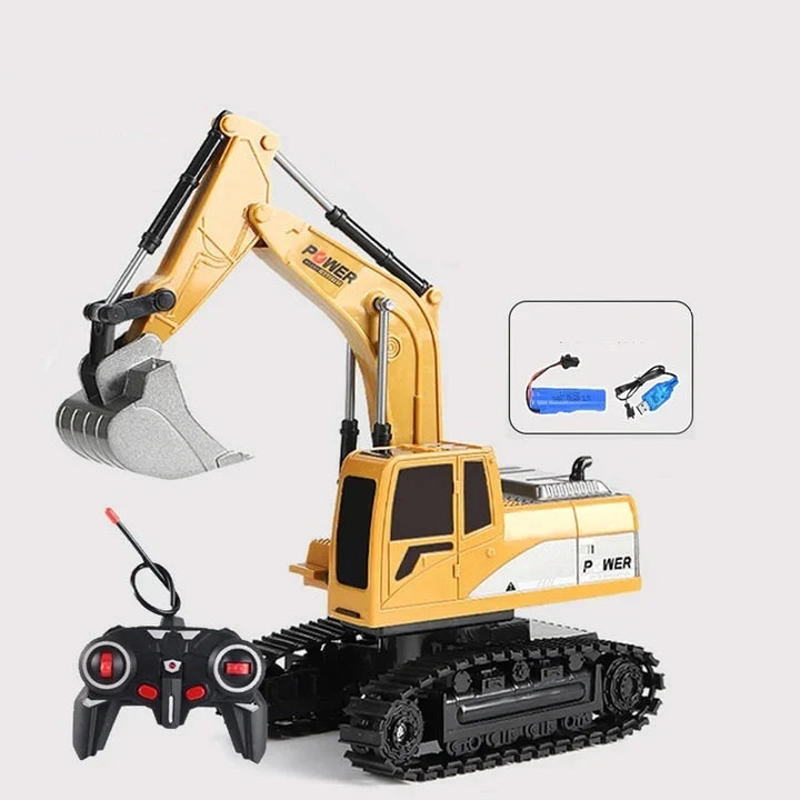 Outdoor RC digger toy for kids, RumbleArm, moving dirt in the backyard for realistic construction play.