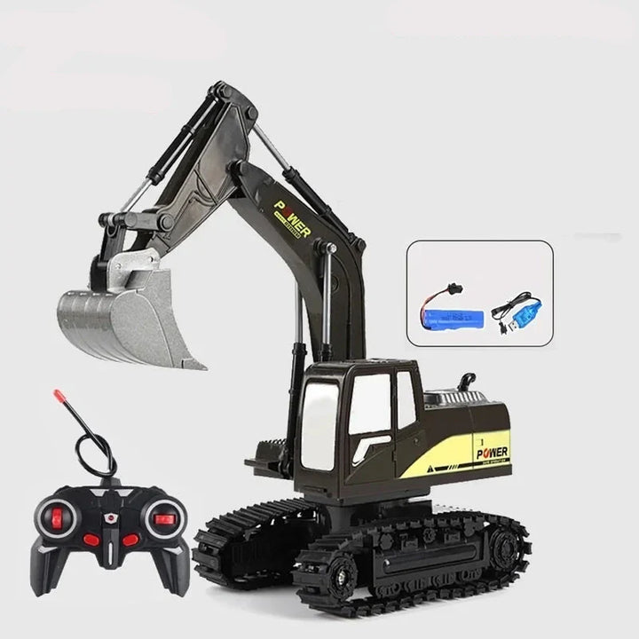 Child unboxing a new RumbleArm Kids' RC Excavator Toy, an exciting gift for aspiring builders.