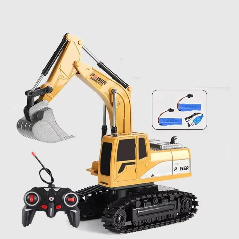 Top view of the RumbleArm RC excavator, highlighting its sturdy design, tracks, and realistic features.