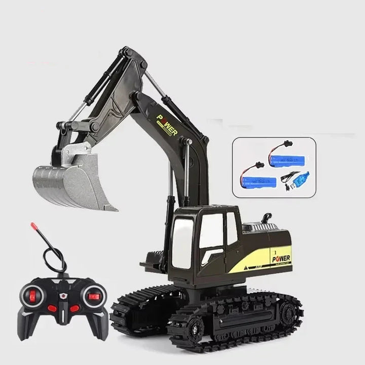 Child joyfully operating a remote control construction excavator, engaged in imaginative digging play.